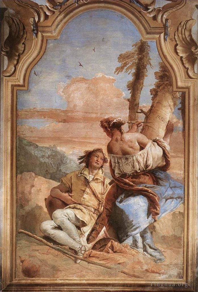 乔瓦尼·巴蒂斯塔·提也波洛 的各类绘画作品 -  《Villa,Valmarana,Angelica,在树上雕刻,Medoros,的名字》