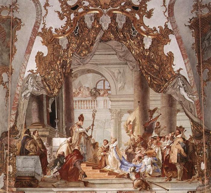 乔瓦尼·巴蒂斯塔·提也波洛 的各类绘画作品 -  《维尔茨堡,腓特烈·巴巴罗萨皇帝与勃艮第的贝阿特丽斯的婚姻》