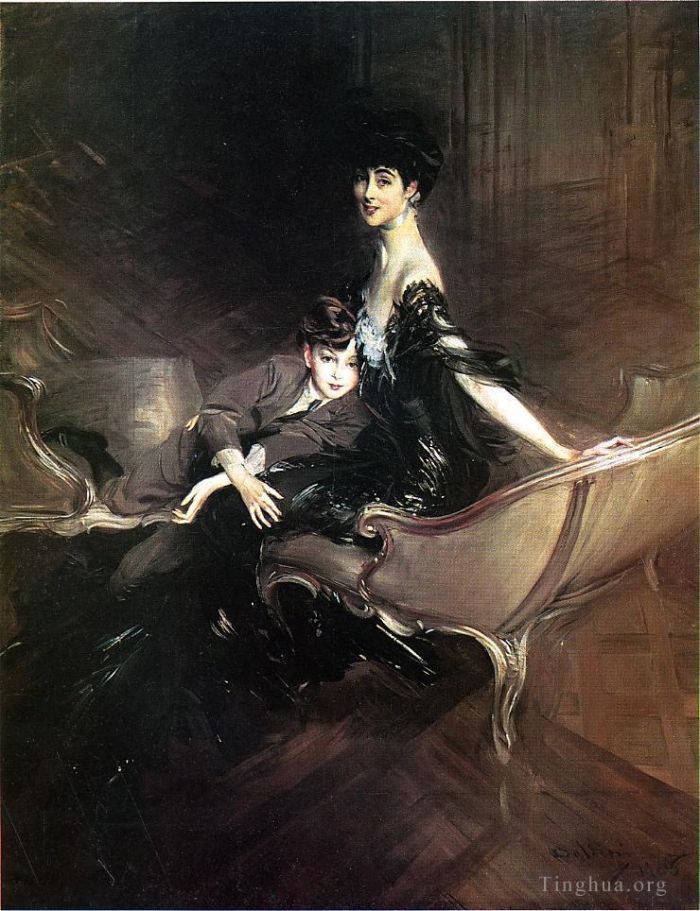 乔瓦尼·博尔迪尼 的油画作品 -  《马尔伯勒公爵夫人康苏埃洛和她的儿子艾弗·斯宾塞·丘吉尔》