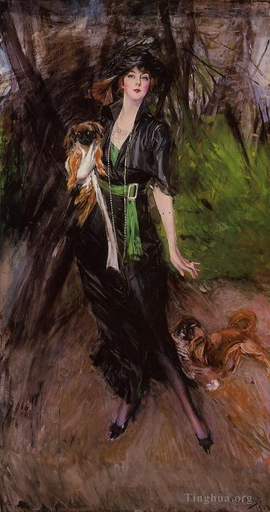 乔瓦尼·博尔迪尼 的油画作品 -  《丽娜·比利蒂斯女士与两只哈巴狗的肖像》