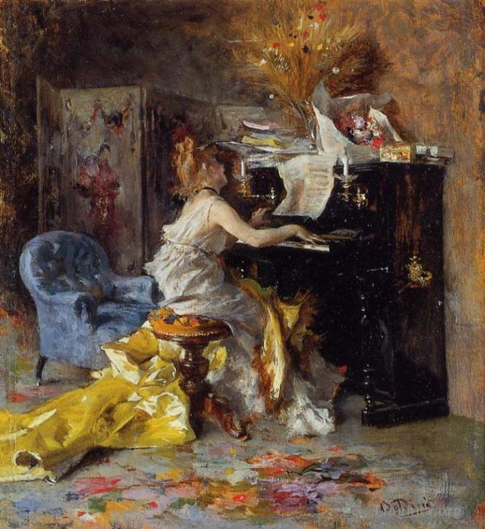 乔瓦尼·博尔迪尼 的油画作品 -  《弹钢琴的女人》