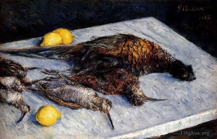 古斯塔夫·卡勒波特 的油画作品 -  《游戏鸟和柠檬静物》