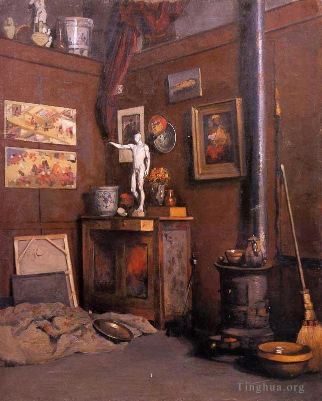 古斯塔夫·卡勒波特 的油画作品 -  《带炉子的工作室内部》