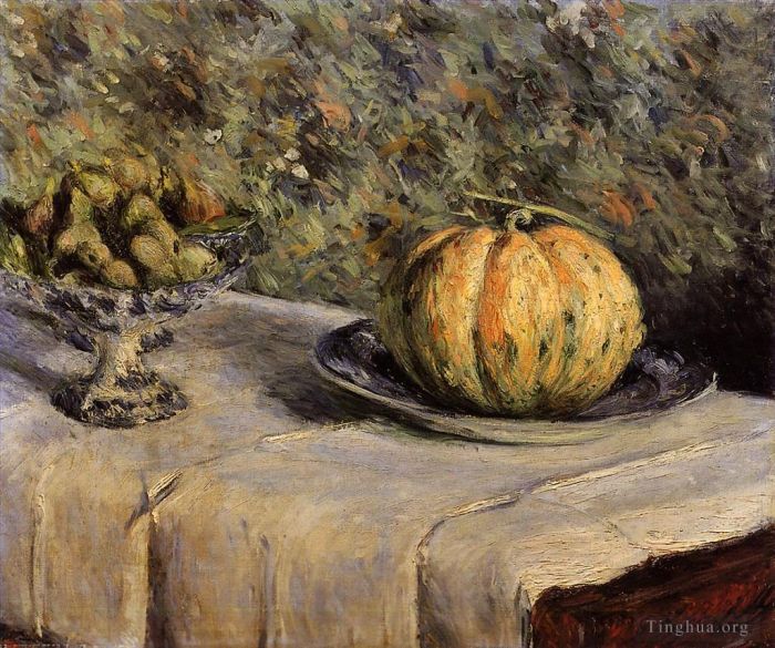 古斯塔夫·卡勒波特 的油画作品 -  《甜瓜和一碗无花果静物,188,静物》