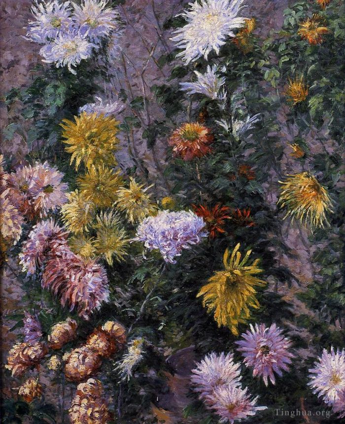 古斯塔夫·卡勒波特 的油画作品 -  《小热讷维耶的白色和黄色菊花花园》