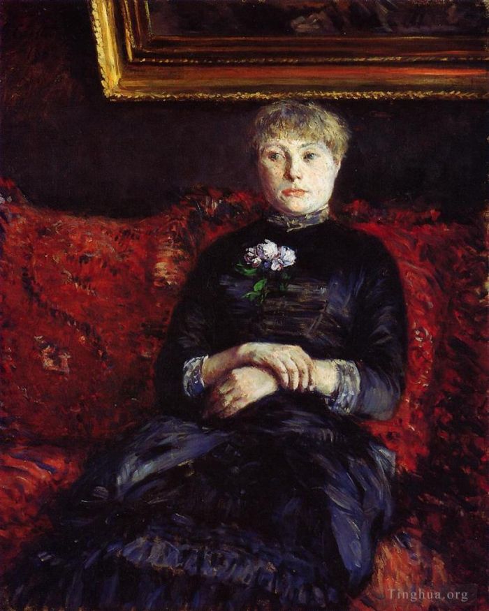 古斯塔夫·卡勒波特 的油画作品 -  《坐在红花沙发上的女人》