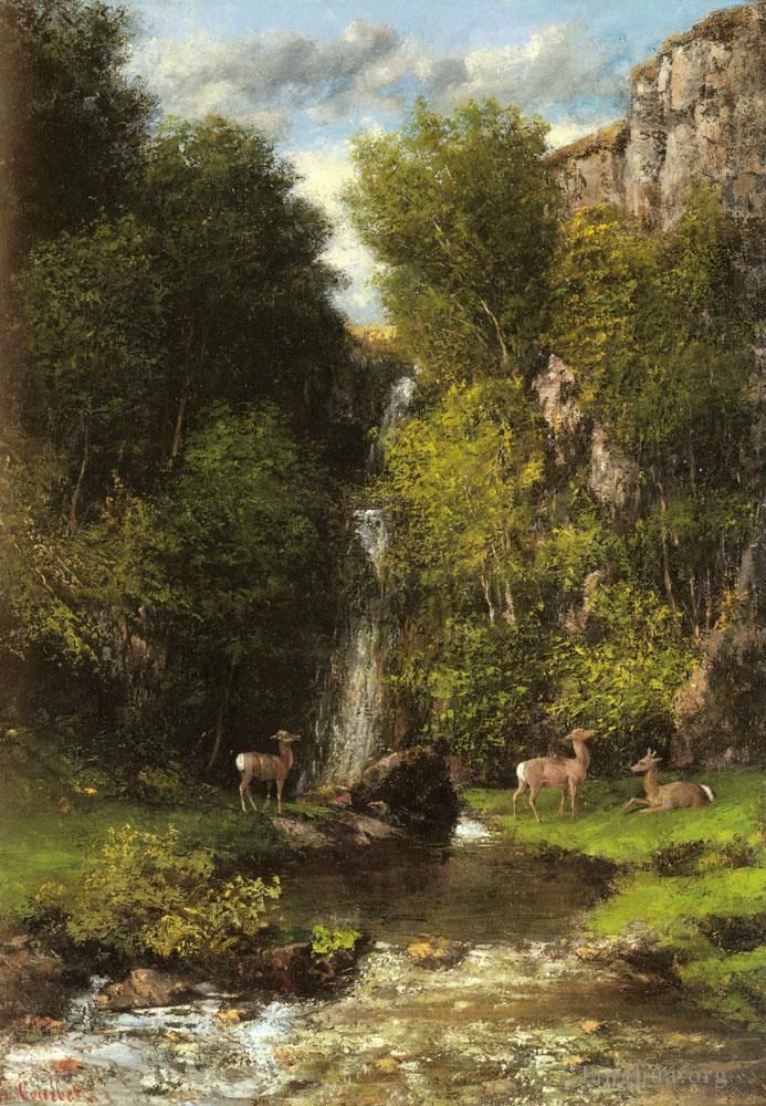 居斯塔夫·库尔贝 的油画作品 -  《瀑布风景中的鹿家族》