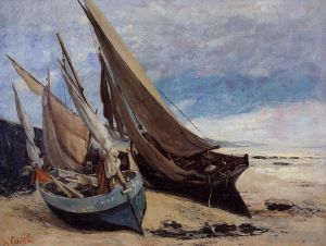艺术家居斯塔夫·库尔贝作品《多维尔海滩上的渔船》