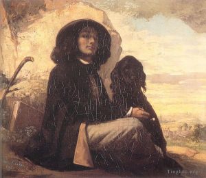 艺术家居斯塔夫·库尔贝作品《库尔贝自画像与黑狗》