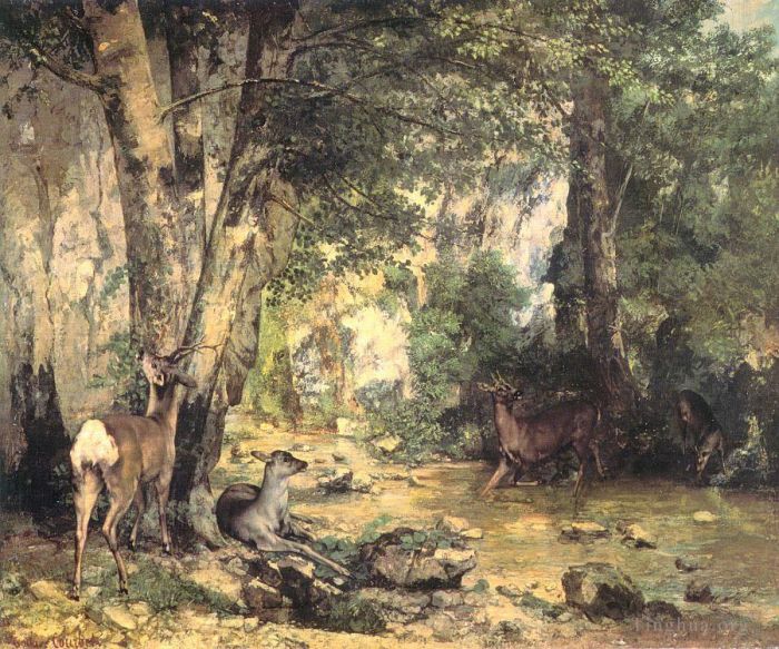 居斯塔夫·库尔贝 的油画作品 -  《Plaisir,Fontaine,Doubs,溪流中的狍子庇护所》