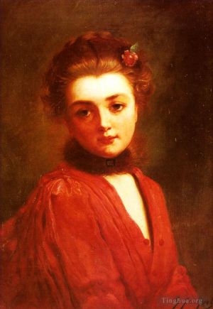 艺术家古斯塔夫·杰凯作品《一个穿红裙子的女孩的肖像女士》