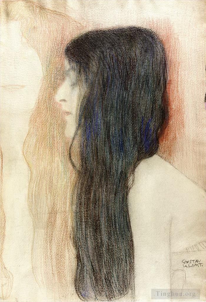 古斯塔夫·克林姆 的油画作品 -  《长发女孩与裸体,Veritas,的草图》