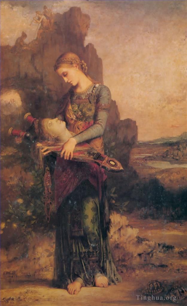 居斯塔夫·莫罗 的油画作品 -  《色雷斯女孩在七弦琴上扛着俄耳甫斯的头像,1865,年》