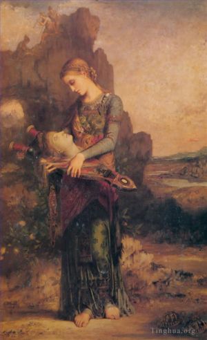 艺术家居斯塔夫·莫罗作品《色雷斯女孩在七弦琴上扛着俄耳甫斯的头像,1865,年》