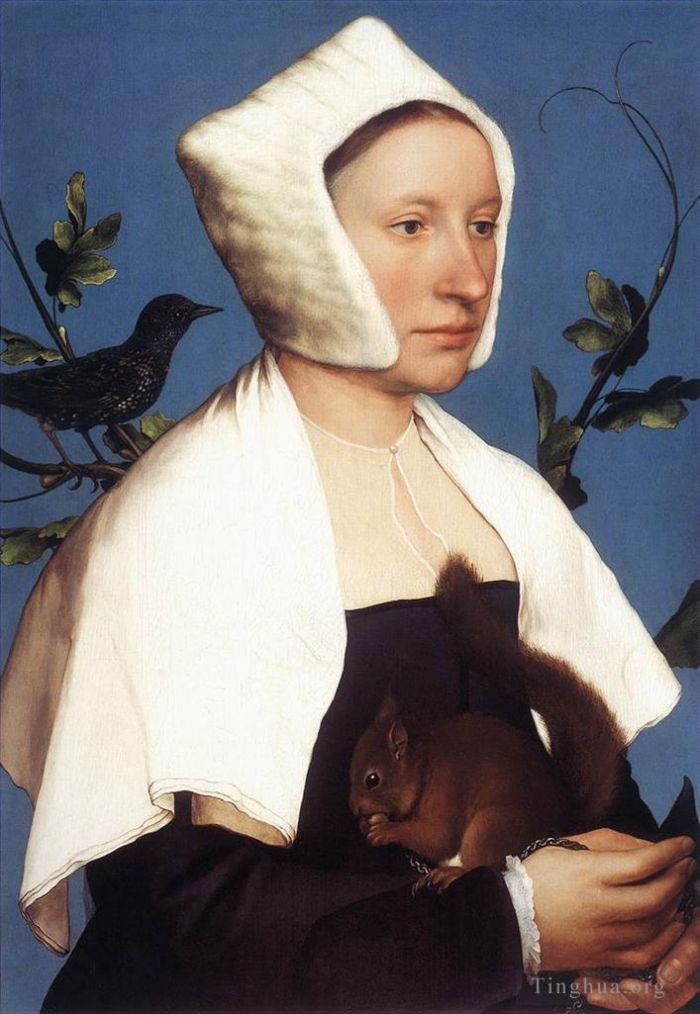 小汉斯·贺尔拜因 的油画作品 -  《一位女士与一只松鼠和一只椋鸟的肖像》