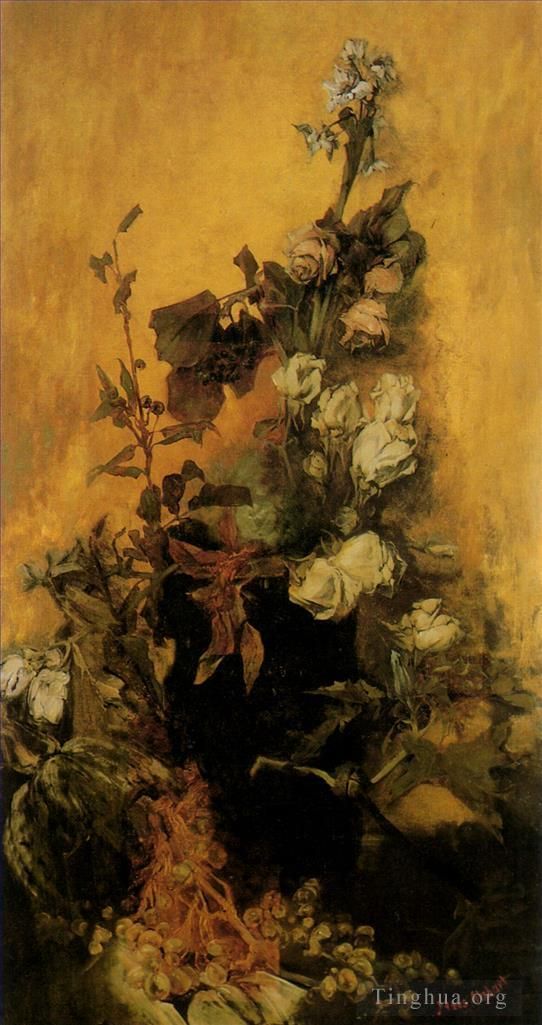 汉斯·马卡特 的油画作品 -  《Stilleben,mit,Rosen,花,Hans,Makart》