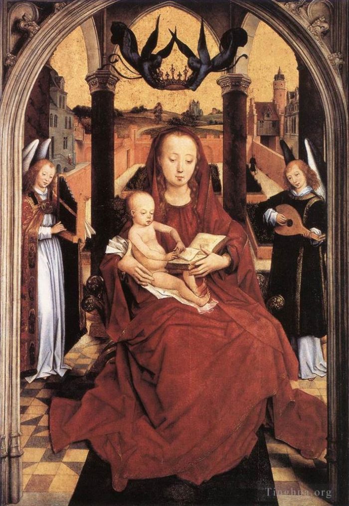汉斯·梅姆林 的油画作品 -  《圣母子与两位音乐天使登基》