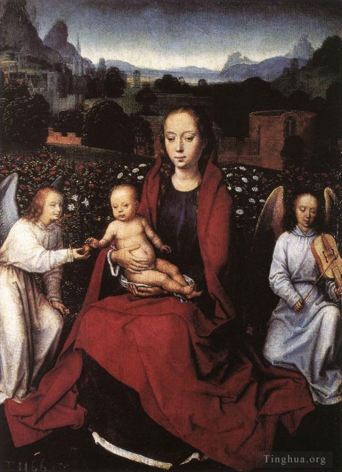 汉斯·梅姆林 的油画作品 -  《玫瑰园里的圣母子和两个天使,1480,年代》