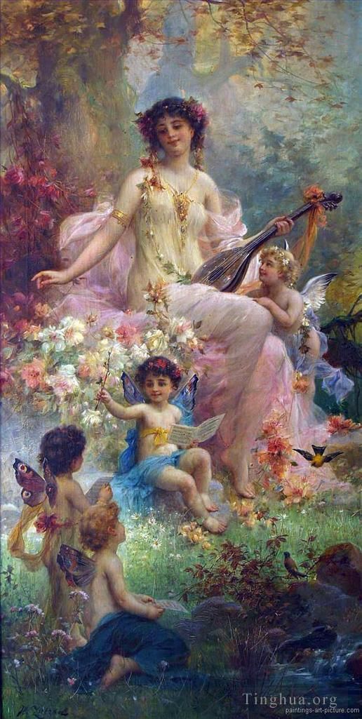 汉斯·查兹卡 的油画作品 -  《弹吉他的美女和花天使》