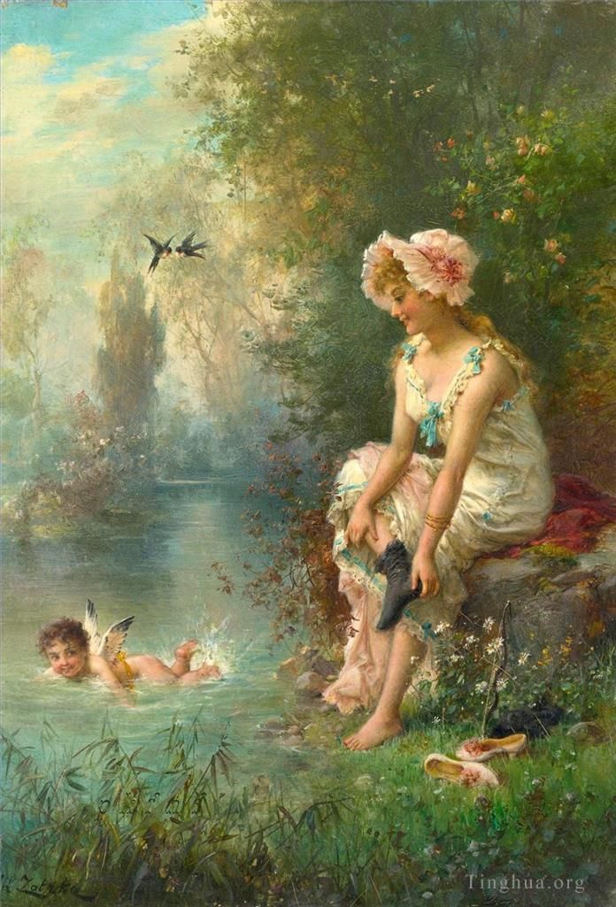 汉斯·查兹卡 的油画作品 -  《花天使和女孩》