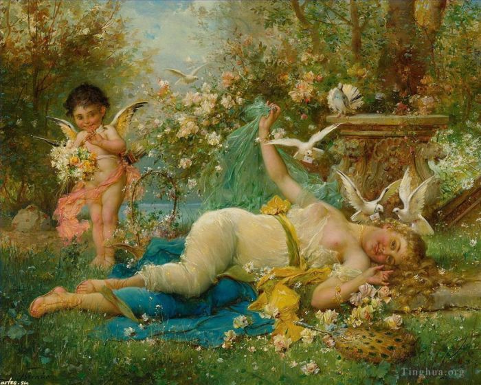 汉斯·查兹卡 的油画作品 -  《花天使和裸体》