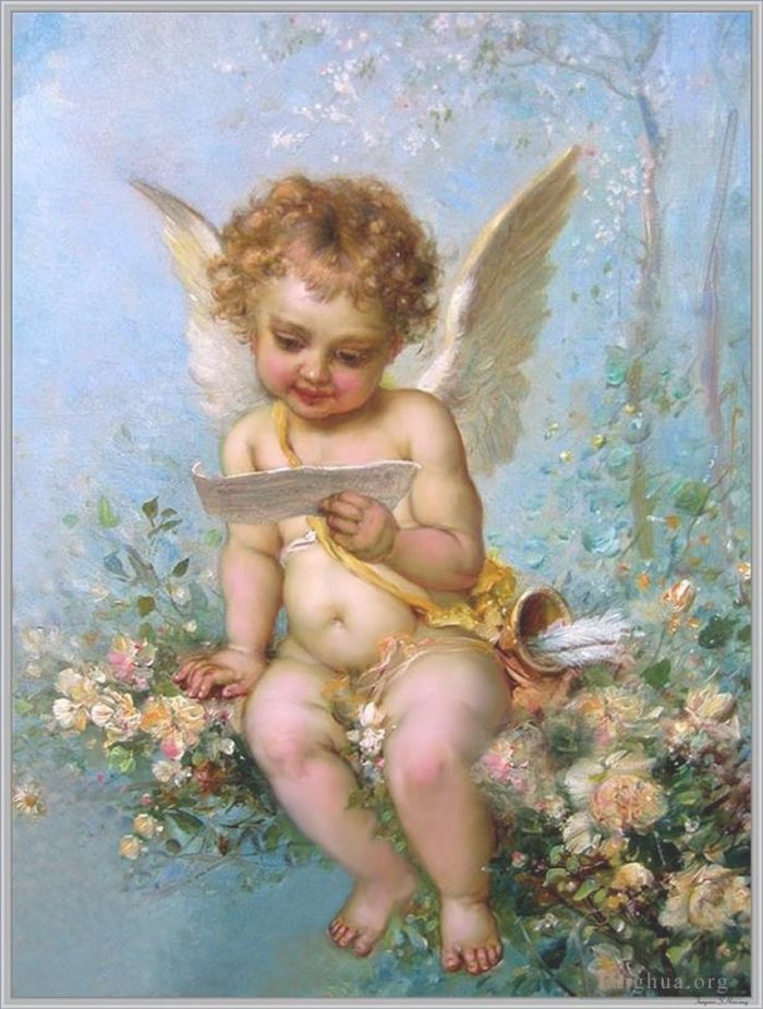 汉斯·查兹卡 的油画作品 -  《读信的花天使》
