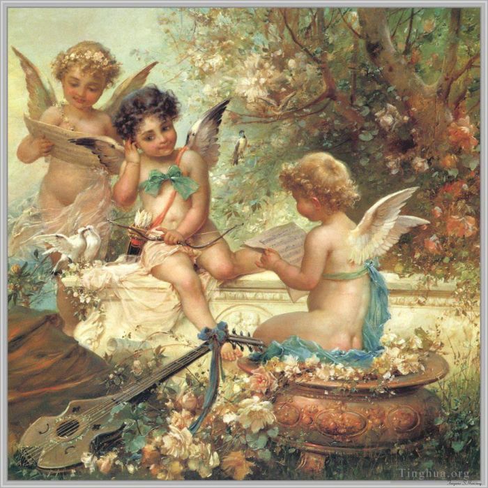 汉斯·查兹卡 的油画作品 -  《花天使和吉他》