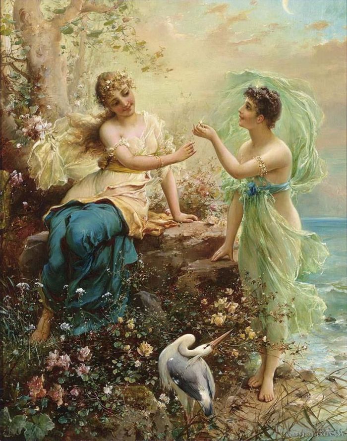 汉斯·查兹卡 的油画作品 -  《花女孩与一只鸟》