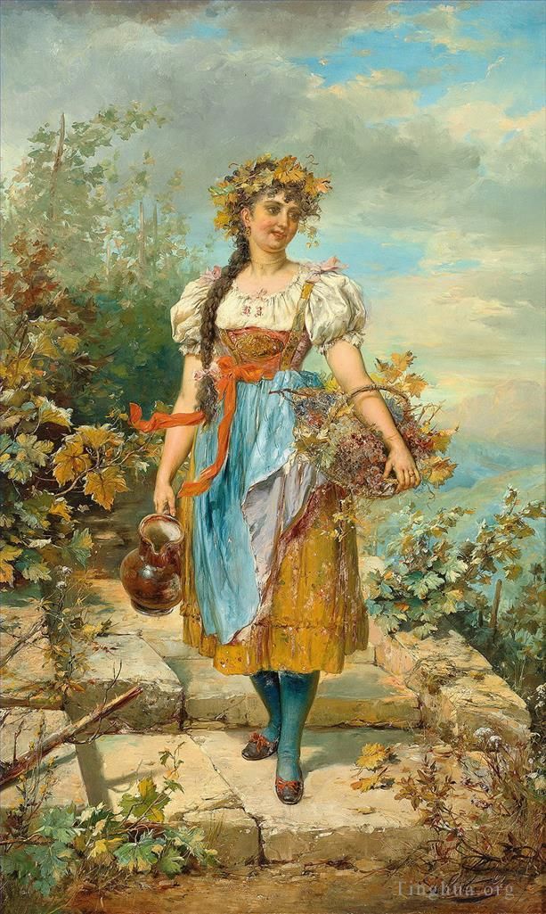 汉斯·查兹卡 的油画作品 -  《提着葡萄篮的女孩》