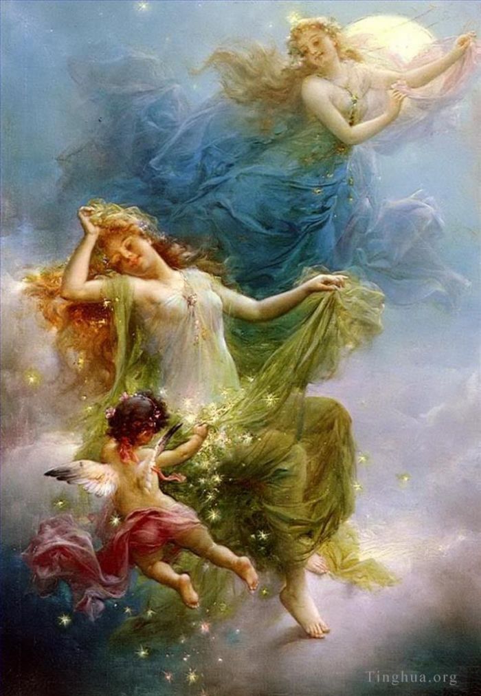 汉斯·查兹卡 的油画作品 -  《夜空中的女孩和天使》