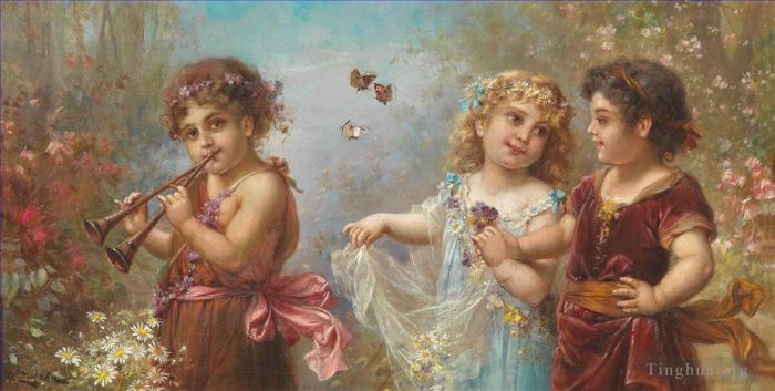 汉斯·查兹卡 的油画作品 -  《音乐中的孩子和蝴蝶》