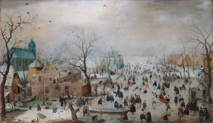 亨德里克·阿维坎普 的油画作品 -  《小镇附近冰上的一幕冬季景观》