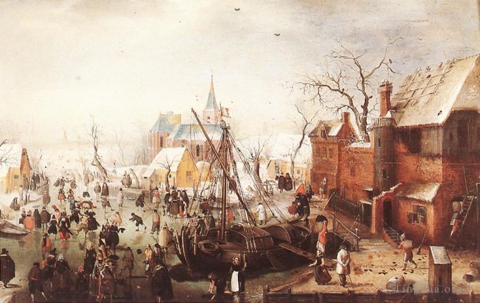 亨德里克·阿维坎普 的油画作品 -  《Yselmuiden,的冬季场景》