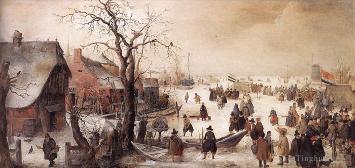亨德里克·阿维坎普 的油画作品 -  《运河上的冬季场景》