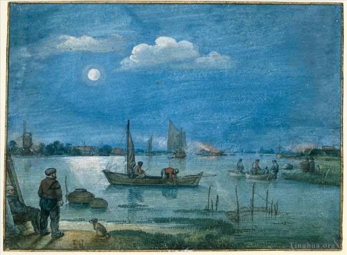 亨德里克·阿维坎普 的各类绘画作品 -  《月光下的渔民冬季景观》