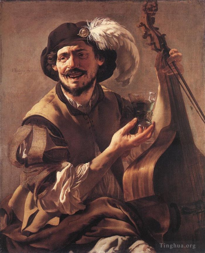 亨德里克·德·布吕根 的油画作品 -  《带着低音提琴和玻璃杯的欢笑布拉沃》