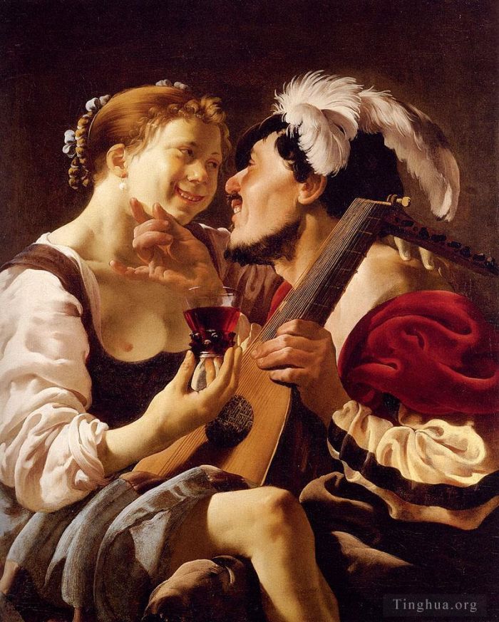亨德里克·德·布吕根 的油画作品 -  《一位琵琶演奏者与一位拿着罗默琴的年轻女子一起狂欢》