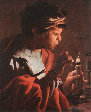 艺术家亨德里克·德·布吕根作品《点燃烟斗的男孩》