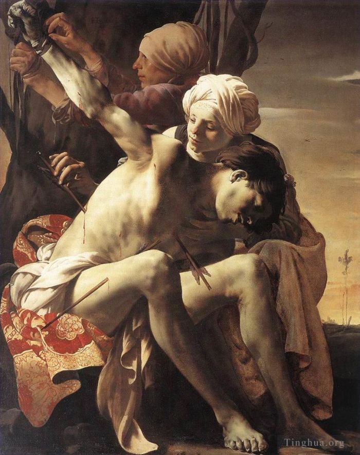 亨德里克·德·布吕根 的油画作品 -  《圣塞巴斯蒂安由艾琳和她的女仆照顾》