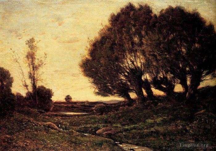 亨利·哈伯尼斯 的油画作品 -  《有溪流的树木繁茂的景观》