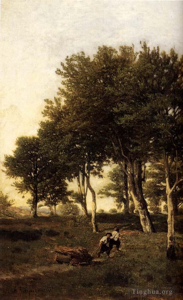 亨利·哈伯尼斯 的油画作品 -  《两个男孩扛着柴火的风景》