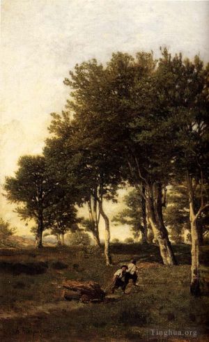 艺术家亨利·哈伯尼斯作品《两个男孩扛着柴火的风景》