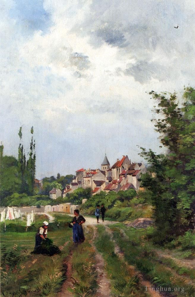 亨利·哈伯尼斯 的油画作品 -  《洗衣机妇女与远处的村庄一起学习》