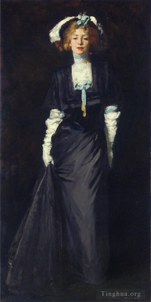亨利·罗伯特 的油画作品 -  《杰西卡·佩恩,(Jessica,Penn),身穿黑衣白羽》