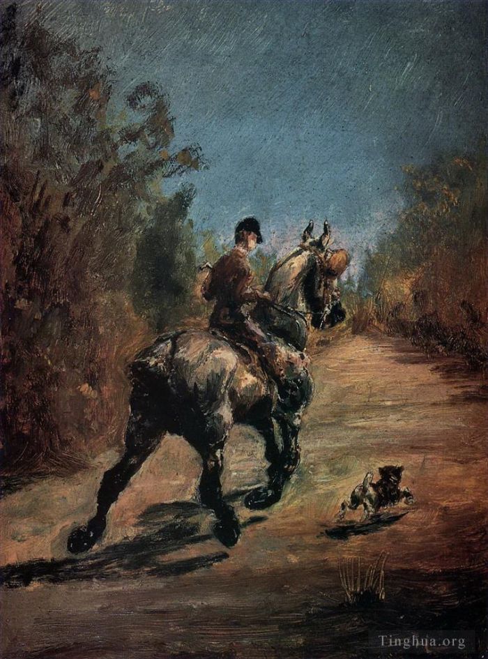 亨利·德·图卢兹·劳特累克 的油画作品 -  《马和骑手带着小狗,1879》