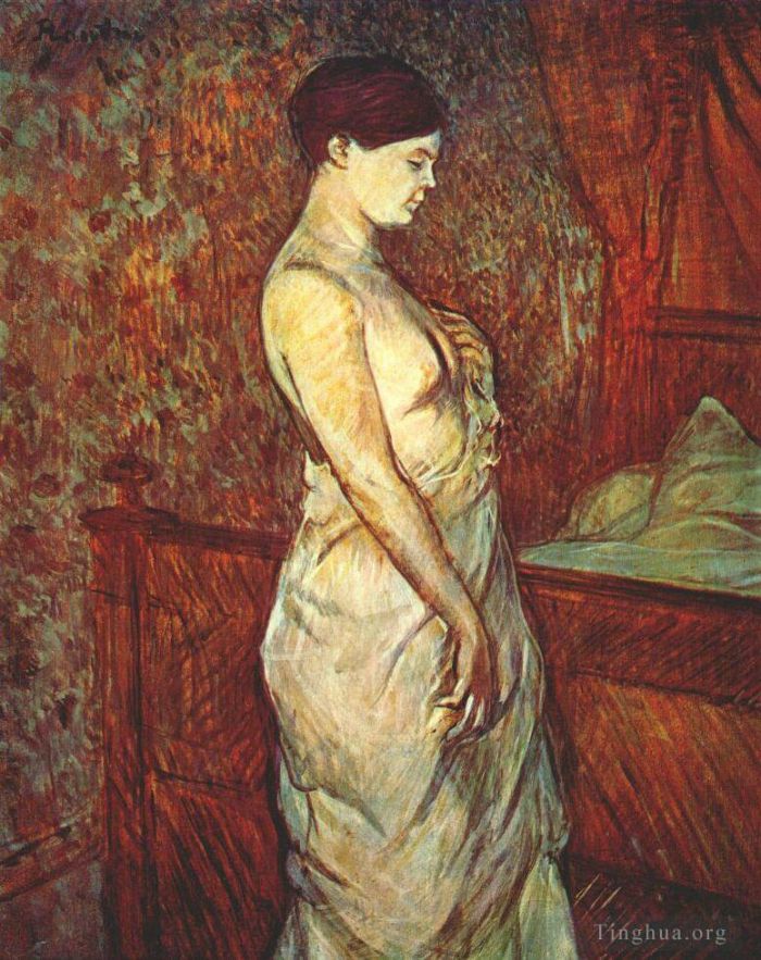 亨利·德·图卢兹·劳特累克 的油画作品 -  《普普勒穿着衬衣躺在床边》