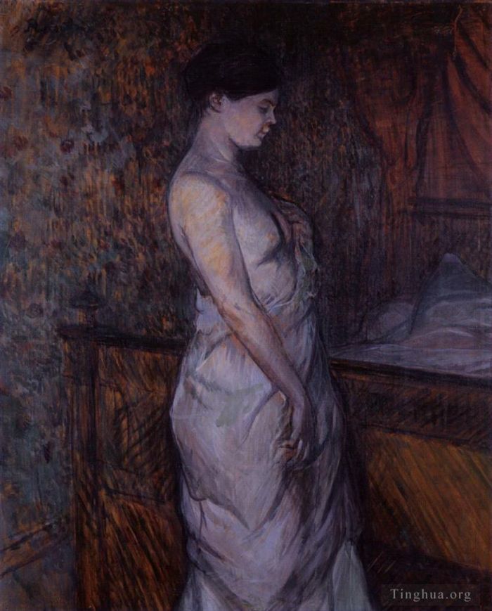 亨利·德·图卢兹·劳特累克 的油画作品 -  《穿着衬衣的女人站在床边，普普勒夫人,1899》