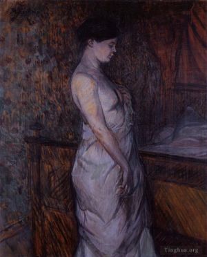 艺术家亨利·德·图卢兹·劳特累克作品《穿着衬衣的女人站在床边，普普勒夫人,1899》