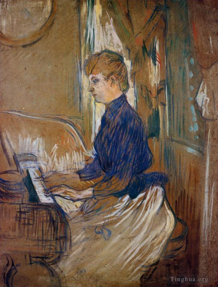 亨利·德·图卢兹·劳特累克 的各类绘画作品 -  《在马尔罗姆城堡沙龙的朱丽叶·帕斯卡夫人的钢琴旁,1896》