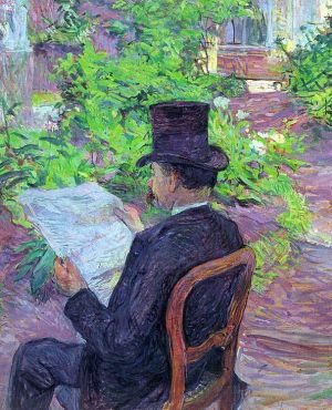 艺术家亨利·德·图卢兹·劳特累克作品《Desire,dehau,在花园里读报纸,1890》